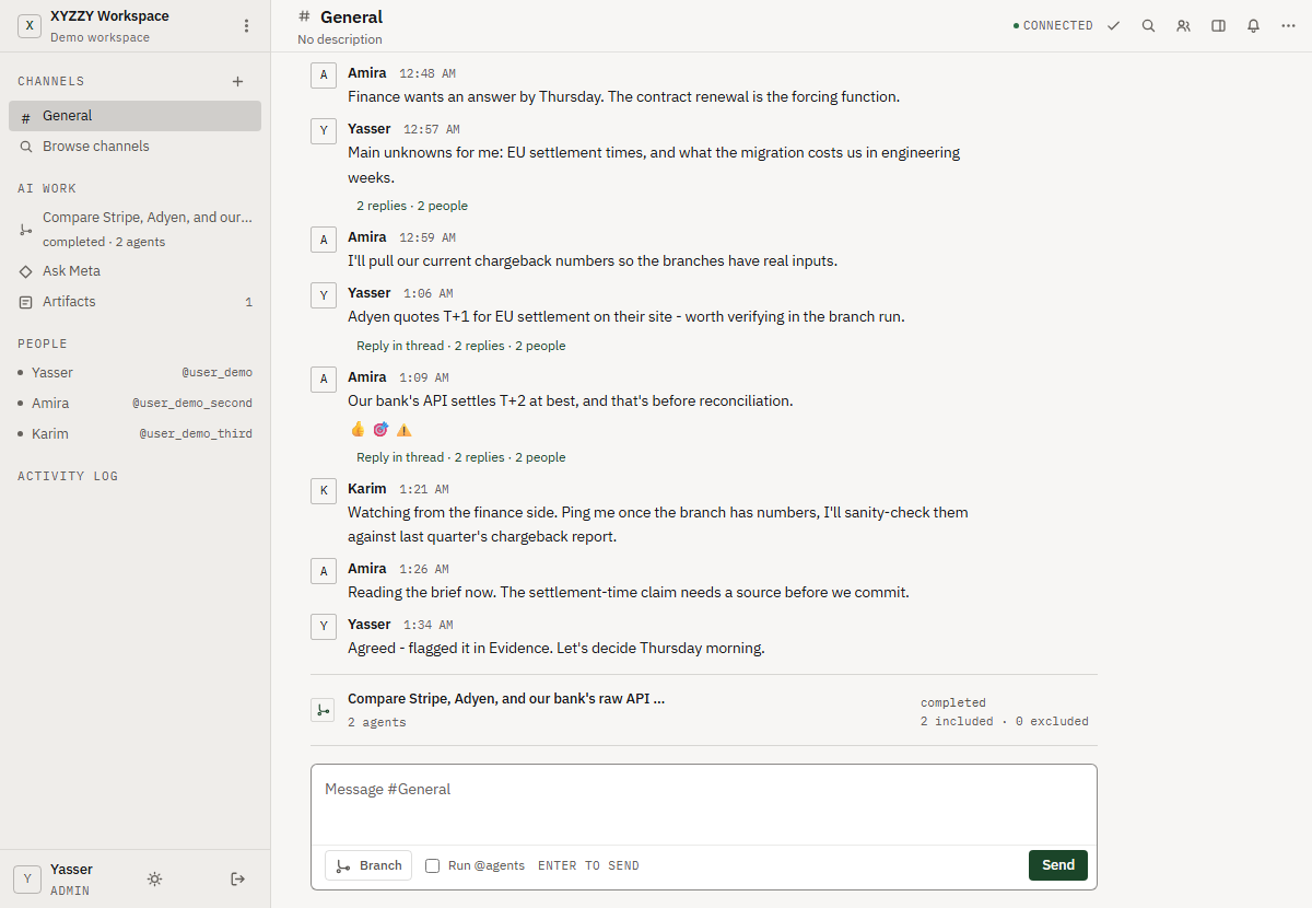 The XYZZY demo workspace: the General channel conversation between three teammates and, beneath it, a completed two-agent branch showing 2 included, 0 excluded.