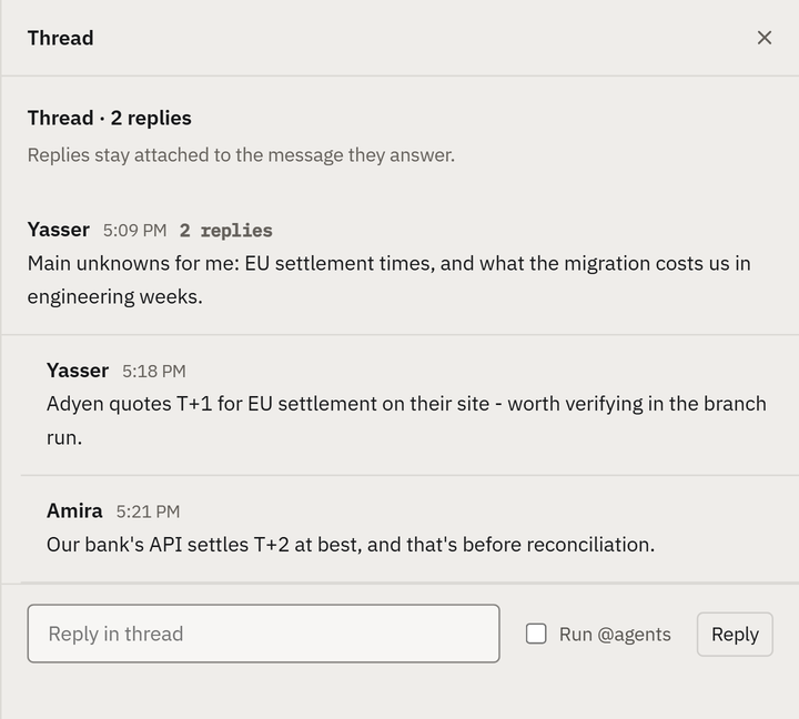 XYZZY workspace: a channel conversation alongside an open thread showing replies to one message.
