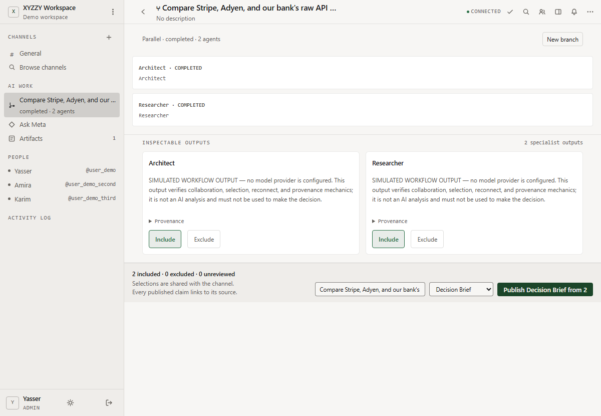 The branch view: two specialist outputs side by side, Architect and Researcher, each with Include and Exclude buttons and a provenance disclosure, and a footer reading 2 included, 0 excluded, 0 unreviewed with a Publish Decision Brief button.