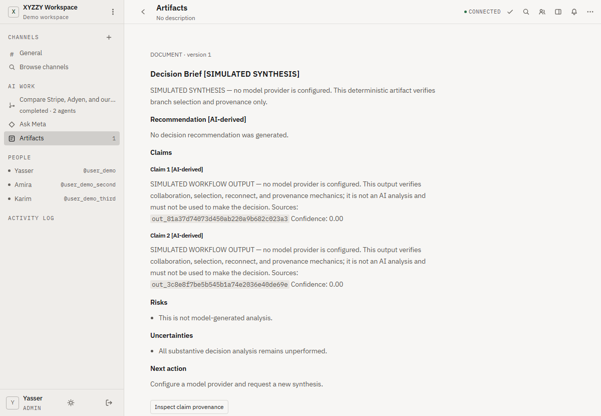 The published Decision Brief: version 1, a recommendation, two claims each listing its source output id, risks, uncertainties, a next action, and an Inspect claim provenance button.